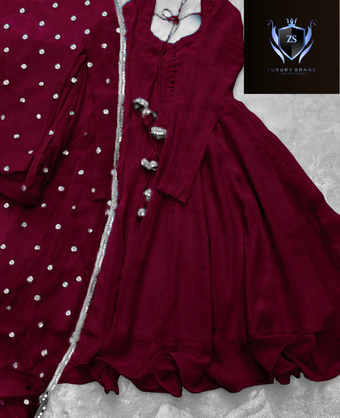 3pc V Neck Long Sleeves Maxi With Handwork And Lace Attached On Dupatta 3Pcs