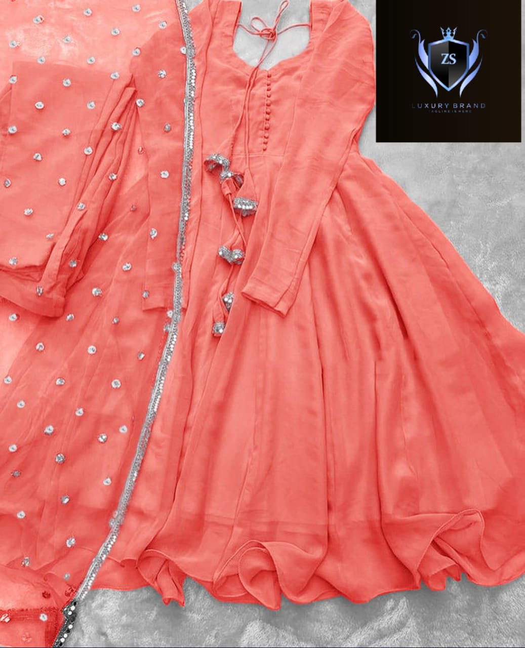 3pc V Neck Long Sleeves Maxi With Handwork And Lace Attached On Dupatta 3Pcs