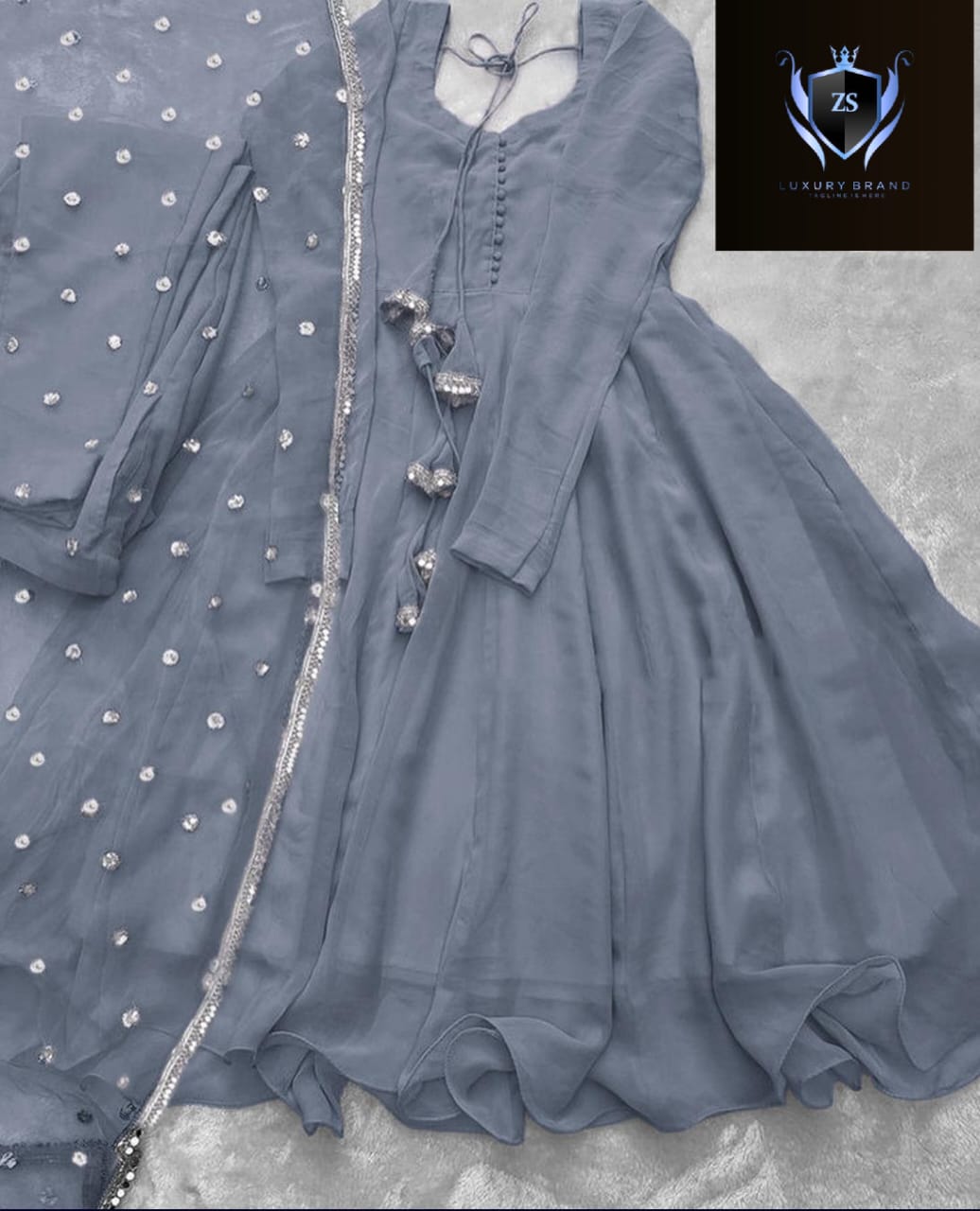 3pc V Neck Long Sleeves Maxi With Handwork And Lace Attached On Dupatta 3Pcs