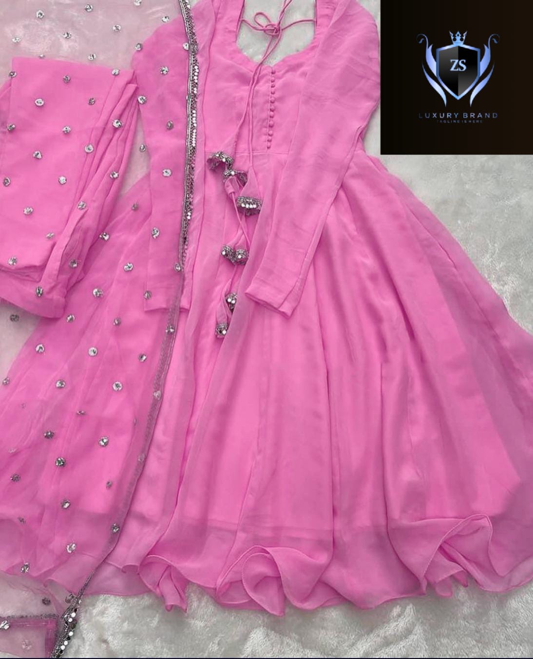 3pc V Neck Long Sleeves Maxi With Handwork And Lace Attached On Dupatta 3Pcs