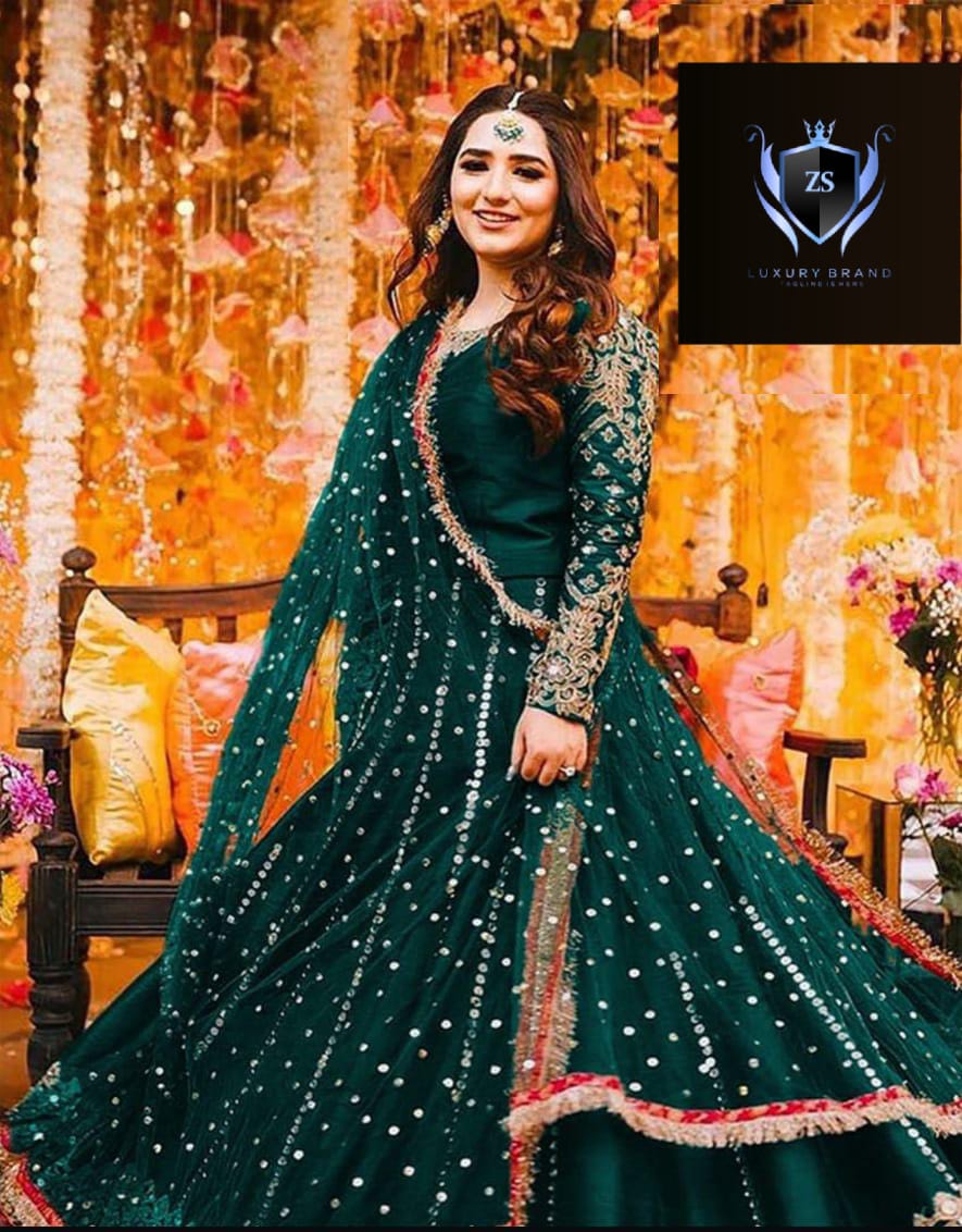 Heavy Embroidery Handwork Mirror Attached Maxi With Pearls Lace Dupatta 3Pcs