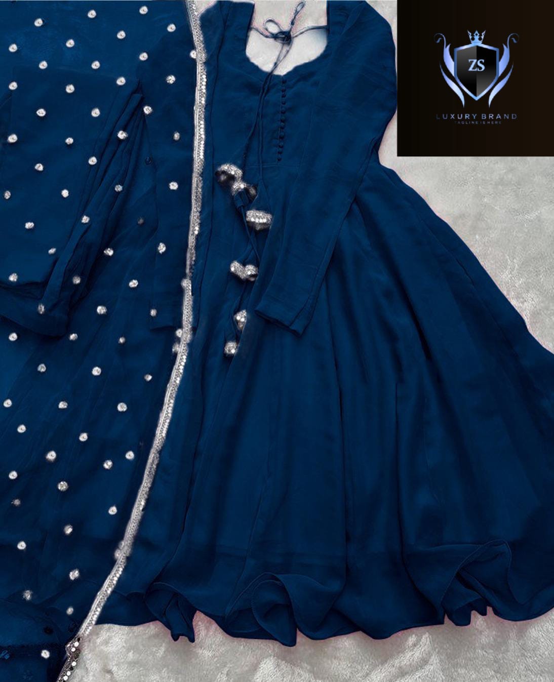 3pc V Neck Long Sleeves Maxi With Handwork And Lace Attached On Dupatta 3Pcs
