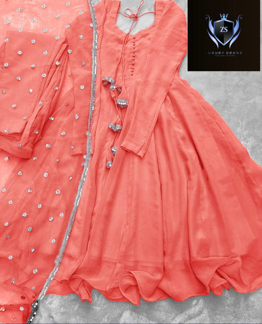 3pc V Neck Long Sleeves Maxi With Handwork And Lace Attached On Dupatta 3Pcs